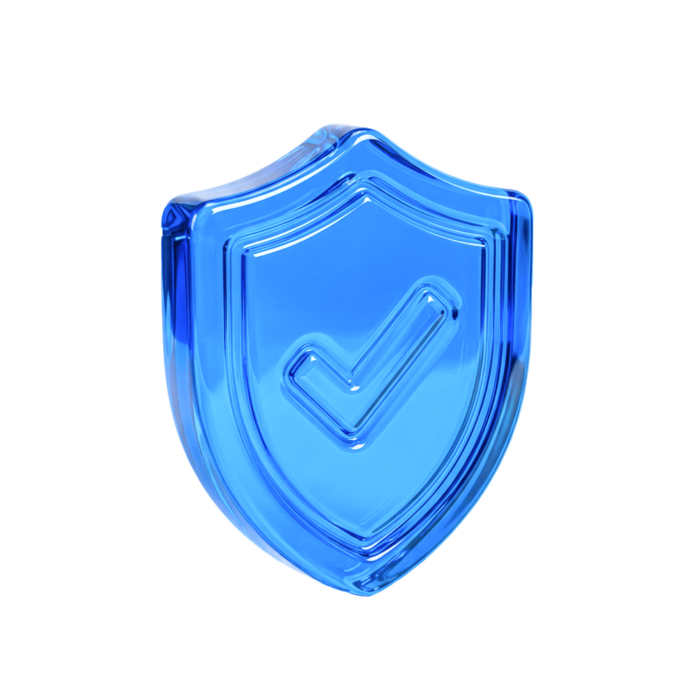 A translucent blue shield with a checkmark